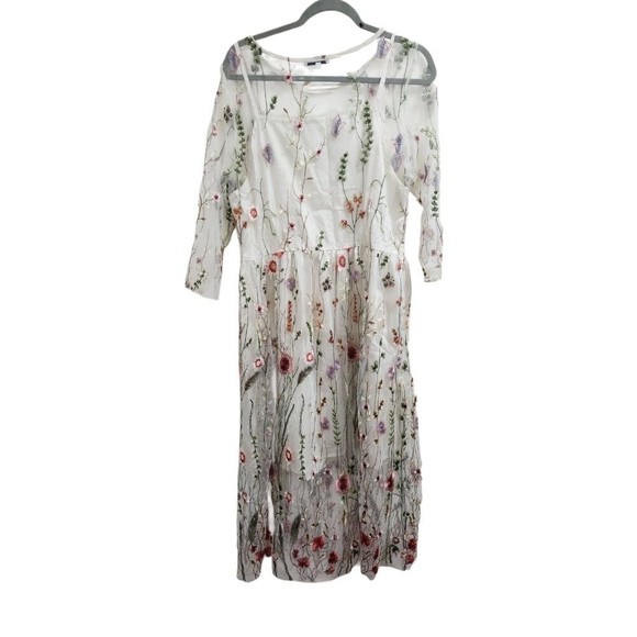 Misslook Mesh Sheer Floral Embroidered Dress Boho Cottagecore Midi 3/4 Sleeve 12 - Picture 7 of 16